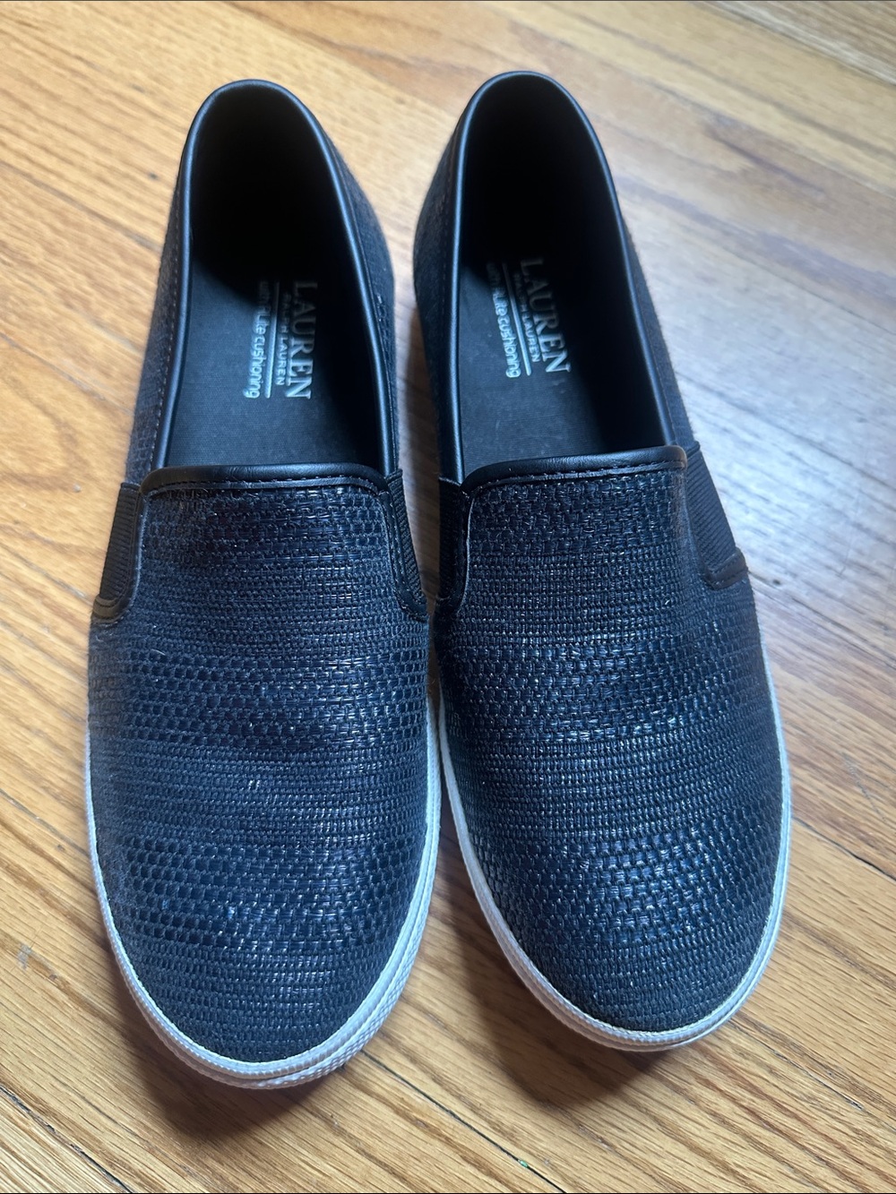 Lauren Ralph Lauren Black Knit Slip-On Sneakers with White Sole Sz 8.5